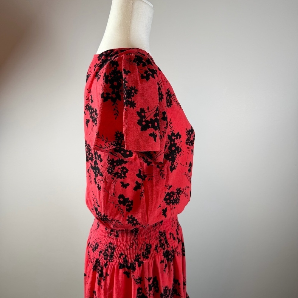 Michael Kors Red Floral Smocked Waist Ruffle Hem Dress Size S - Picture 3 of 5
